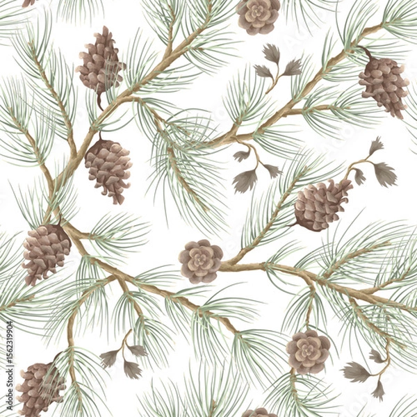 Obraz Vector Christmas seamless pattern with pine branches and cones. Vector.