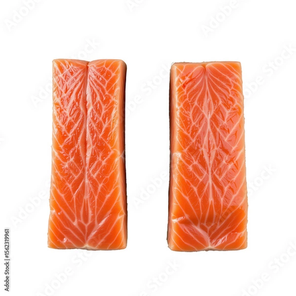 Fototapeta Fresh Raw Salmon Fillet with Vibrant Orange Color and Distinctive Marbling Isolated on White Background