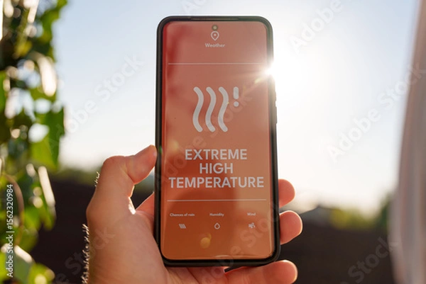 Fototapeta Smartphone screen showing extreme high temperature warning alert, hand holding phone under bright sunny sky and hot day