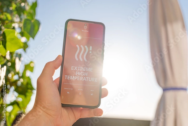 Fototapeta Hand holding smartphone showing extreme high temperature alert on weather app with bright sunny sky background.