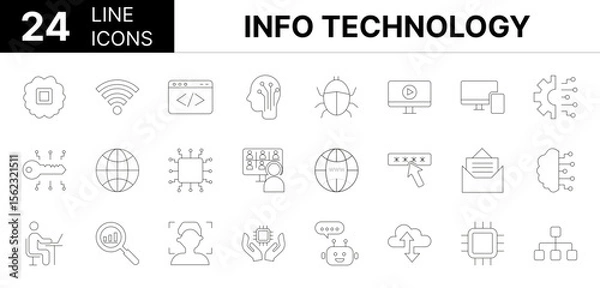 Fototapeta Collection of 24 information technology line icons featuring editable strokes. These outline icons depict various modes of information technology, icon, artificial intelligence, ai, network, set, comp
