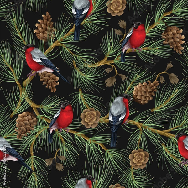 Obraz Vector seamless Christmas pattern with birds, bells and branches. Vector.