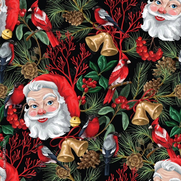 Obraz Seamless vector pattern featuring Santa Claus faces, red cardinals, bullfinches, golden bells, pine branches, cones, holly leaves, berries, and red twigs.