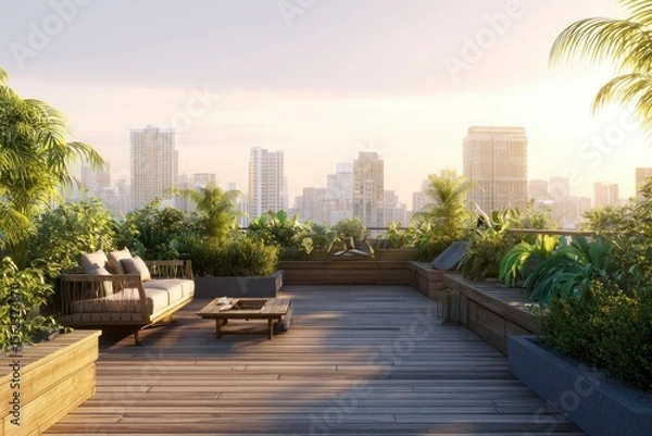 Fototapeta Rooftop garden terrace with a lounge set table and greenery against a cityscape backdrop