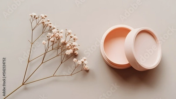 Fototapeta Minimalist flat lay with dried flowers and open pink container on neutral background, symbolizing beauty, simplicity, and natural elegance