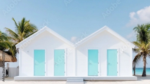 Fototapeta White Beach Huts, Turquoise Doors and Palms, tropical , architecture