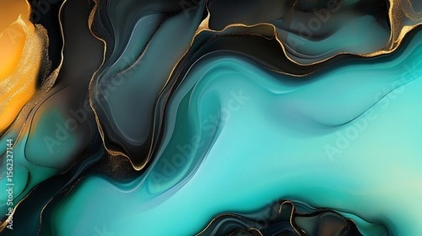 Fototapeta Abstract fluid art background with teal, gold, and black swirls for modern design
