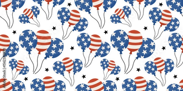 Fototapeta USA patriotic balloons seamless pattern with stars and stripes — festive vector background with red, white, and blue balloons inspired by the American flag. Includes stars, stripes.