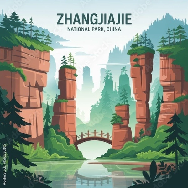 Fototapeta Zhangjiajie Rock Pillars and Bridge – Scenic China Print