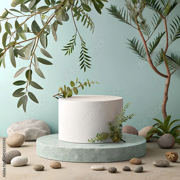 Obraz A minimal scene with round pedestals, rocks, and green leafy branches