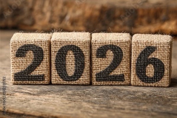Fototapeta Burlap blocks displaying 2026 sit atop weathered wood with a blurred background