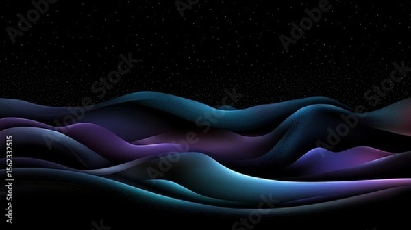 Fototapeta Abstract nightscape background with wavy lines, gradient colors and starry sky illustration