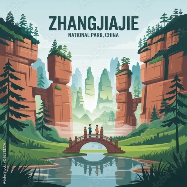Fototapeta Zhangjiajie Rock Pillars and Bridge – Scenic China Print