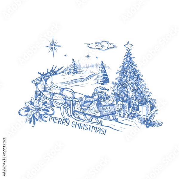 Obraz Santa and other Christmas elements in toile style isolated. Vector.