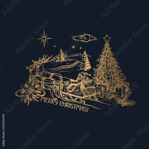 Obraz Santa and other Christmas elements in toile style isolated. Vector.