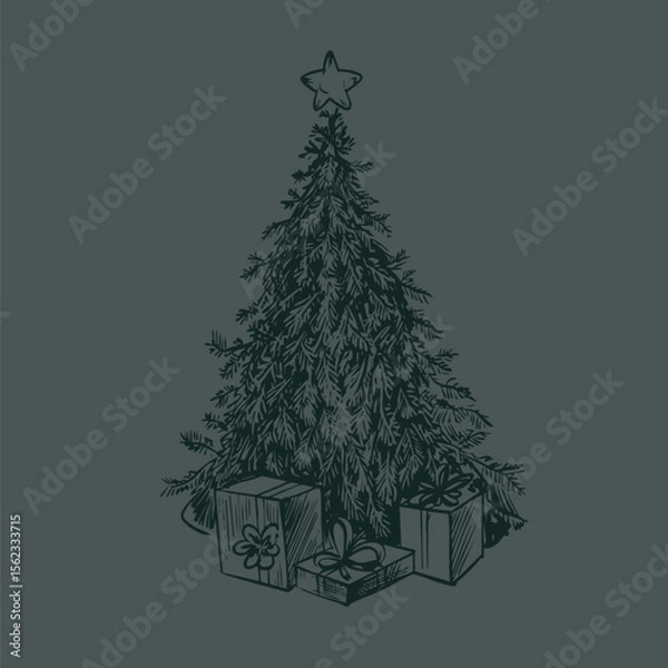 Obraz Christmas tree with star and gifts in toile style isolated. Vector.