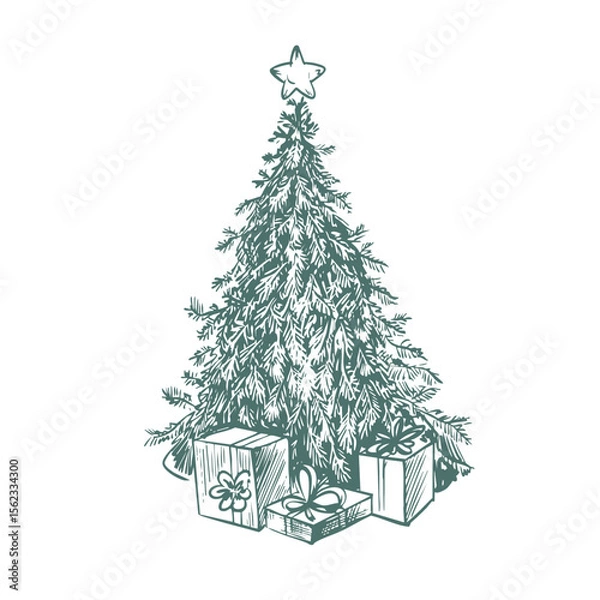 Obraz Christmas tree with star and gifts in toile style isolated. Vector.