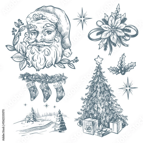 Obraz Santa, fir trees and other Christmas elements in toile style isolated. Vector.