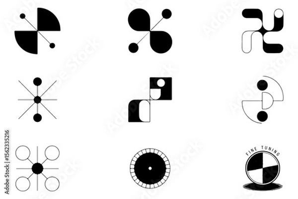 Fototapeta Nine Abstract Black and White Geometric Designs Set Minimalist Style Circular and Square Shapes Symbols