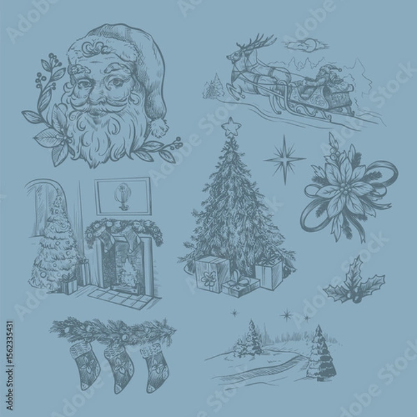 Obraz Santa, fir trees and other Christmas elements in toile style isolated. Vector.