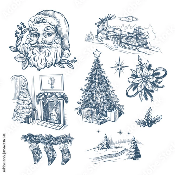 Obraz Santa, fir trees and other Christmas elements in toile style isolated. Vector.