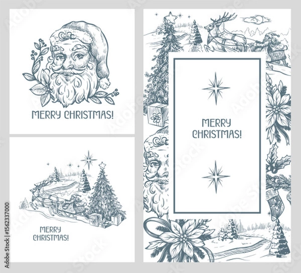 Obraz Cards with Santa and other Christmas elements in toile style isolated. Vector.