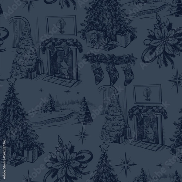 Obraz Seamless pattern with Santa, fir trees and other Christmas elements in toile style. Vector.