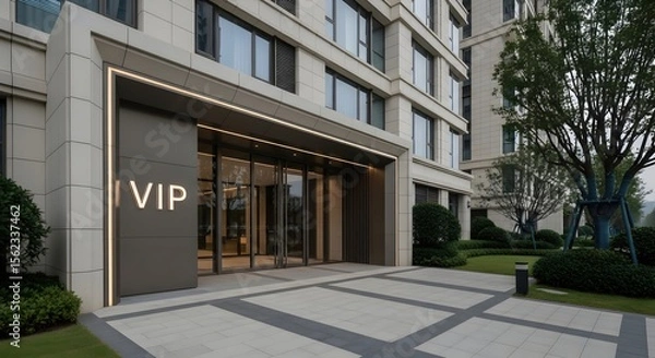 Fototapeta Modern building entrance with a VIP sign and automatic glass doors. Architecture and design concept for luxury residential or business property.
