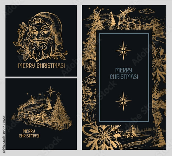 Obraz Cards with Santa and other Christmas elements in toile style isolated. Vector.