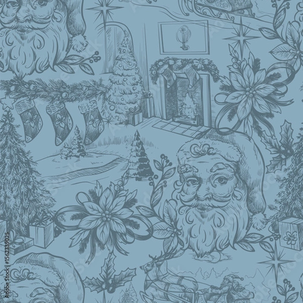 Obraz Seamless pattern with Santa, fir trees and other Christmas elements in toile style. Vector.