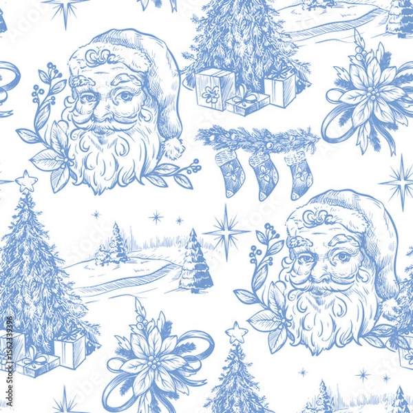 Obraz Seamless pattern with Santa, fir trees and other Christmas elements in toile style. Vector.