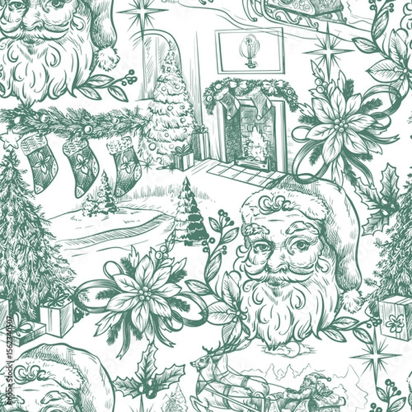 Obraz Seamless pattern with Santa, fir trees and other Christmas elements in toile style. Vector.