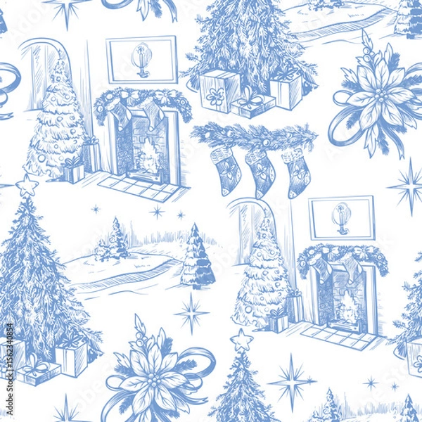 Obraz Seamless pattern with Santa, fir trees and other Christmas elements in toile style. Vector.