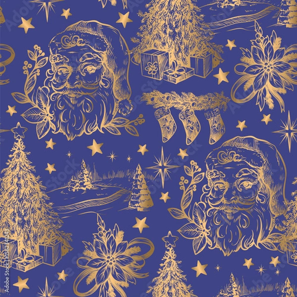 Obraz Seamless pattern with Santa, fir trees and other Christmas elements in toile style. Vector.