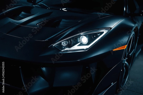 Obraz A black car with headlights on in a dark studio