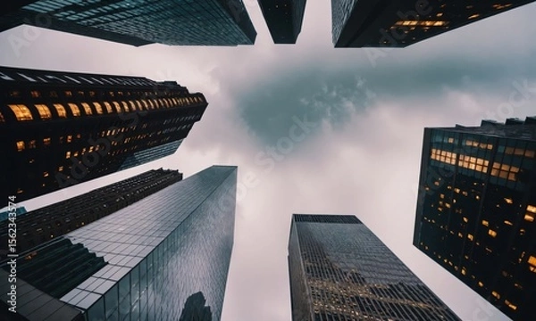 Fototapeta Modern skyscrapers rising towards a cloudy sky, showcasing urban architecture and development