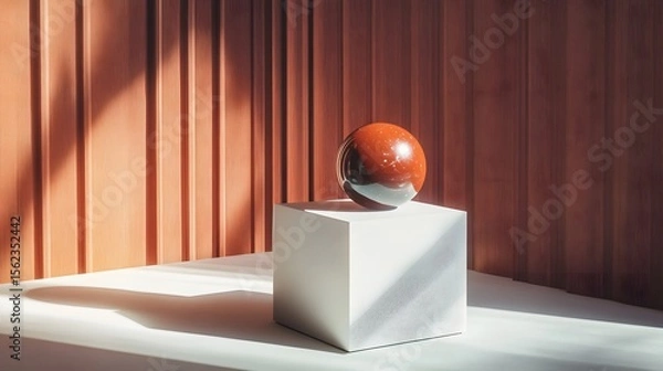 Fototapeta 3D render showcases a red sphere on a white cube amidst textured orange curtains, creating a minimalist composition.