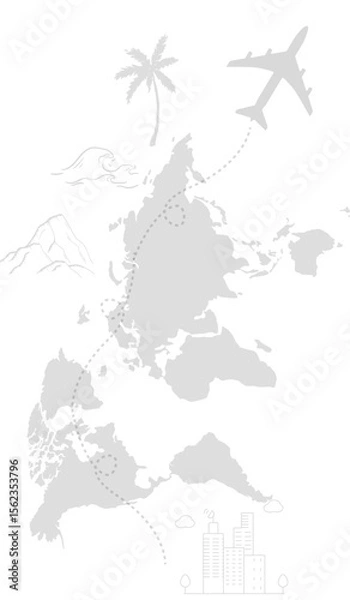 Fototapeta jpg and vecor design with plane starting from city and flying over few destinies: wild forest, montain, exotic palm place; dashed line as a aircraft trail; white (transparent) background; world map 
