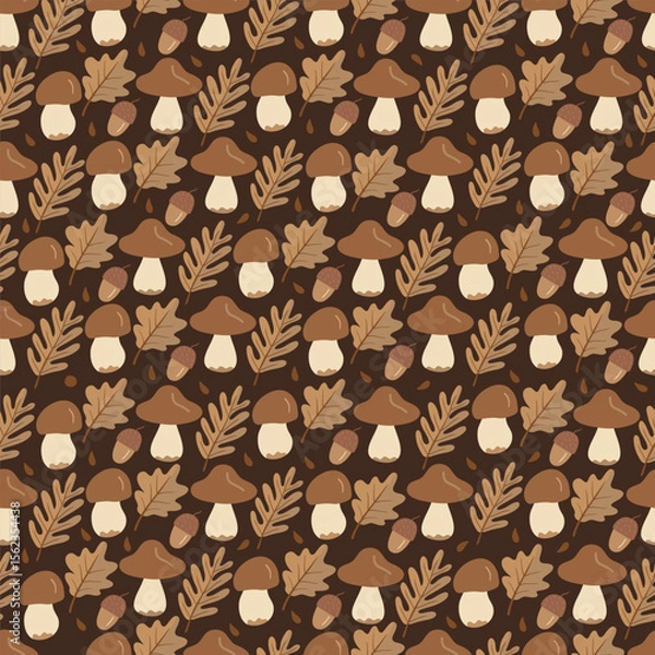 Fototapeta Seamless autumn pattern with hand drawn mushrooms, oak leaves, acorns, and raindrops on a dark brown background. Ideal for cozy fall fabrics, wrapping paper and seasonal prints.