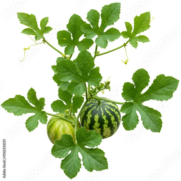 Fototapeta  Sprawling melon vines with large green leaves and visible ripe watermelons