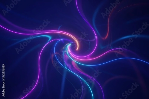 Fototapeta Abstract swirling vortex of vibrant neon light trails in shades of pink purple blue and orange against a dark deep blue background creating a futuristic energy flow