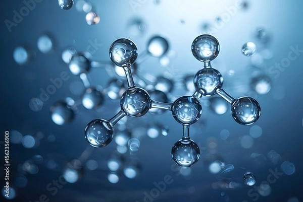 Fototapeta Close up of a transparent molecular structure with a central atom connected to surrounding atoms against a blurred blue background with bokeh effects