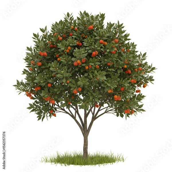 Fototapeta  Strawberry tree with glossy dark green leaves and round red fruit clusters