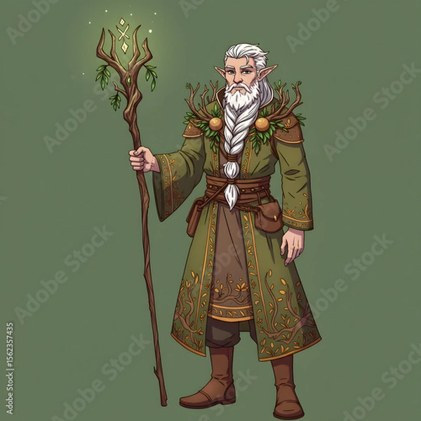 Fototapeta An elderly elf, with long white braid and beard, stands holding a glowing wooden staff adorned with leaves. He wears an ornate green robe and brown boots.