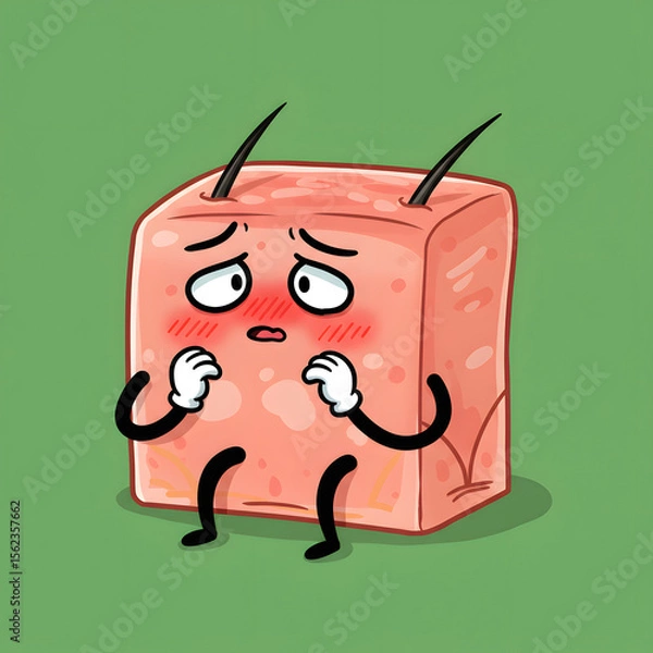 Fototapeta A pink, cube-shaped character with small limbs and two antennae displays a shy, worried expression, hands covering its face.