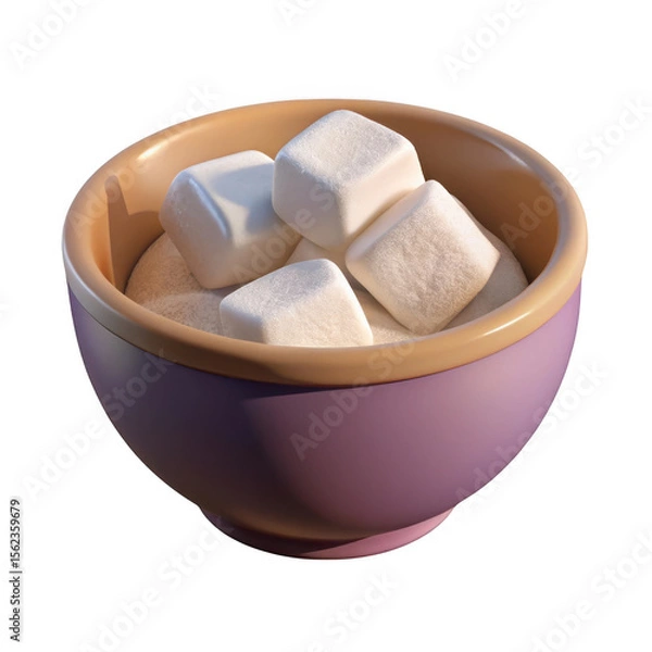 Fototapeta Bowl of fluffy white marshmallows and sugar isolated on transparent background