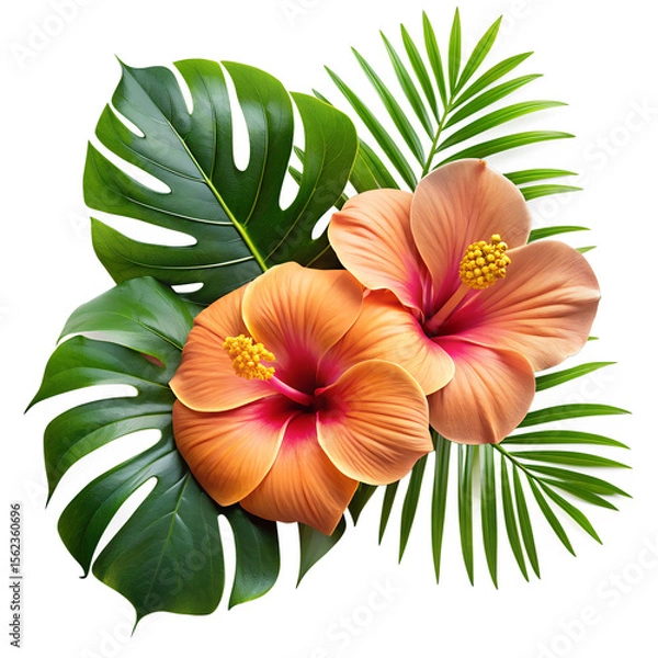 Fototapeta Two hibiscus flowers with monstera and palm leaves isolated on transparent background