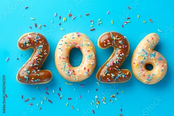 Fototapeta New Year 2026 made from donut with glaze and sprinkles on blue background, top view, Creative Happy New Year greeting card