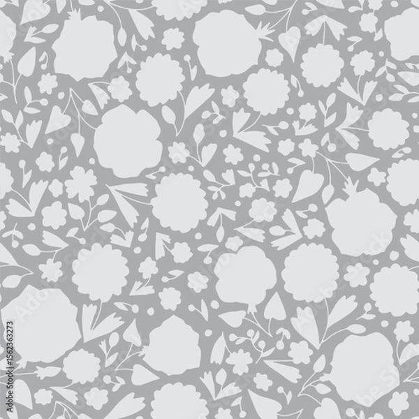 Fototapeta Monochrome gray and white ditsy floral silhouettes seamless pattern. Hand drawn nature backdrop with tiny flowers. Doodle blooms and leaves texture.