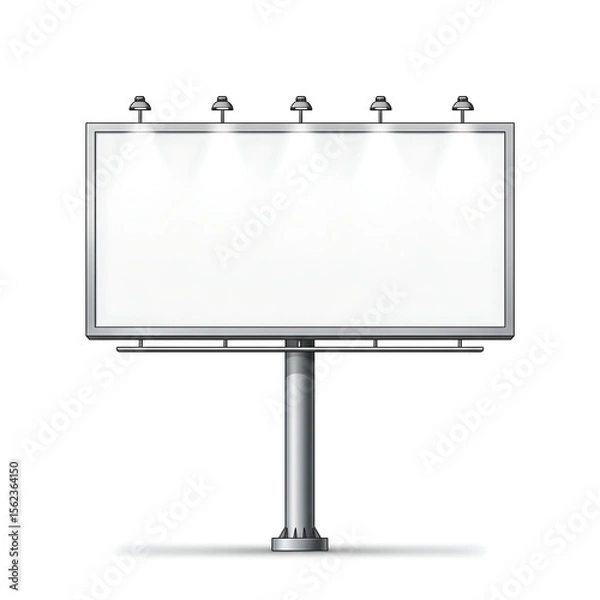Fototapeta A blank billboard with a metal frame and lights on top, standing on a pole against a white background.